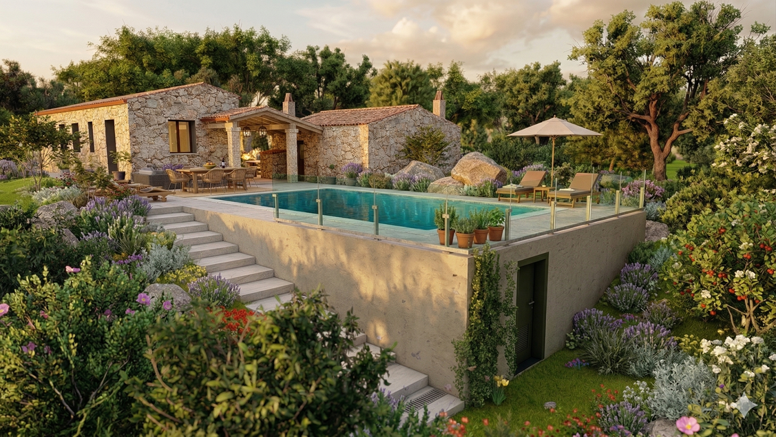Render di soggiorno luminoso di una casa vacanze ristrutturata