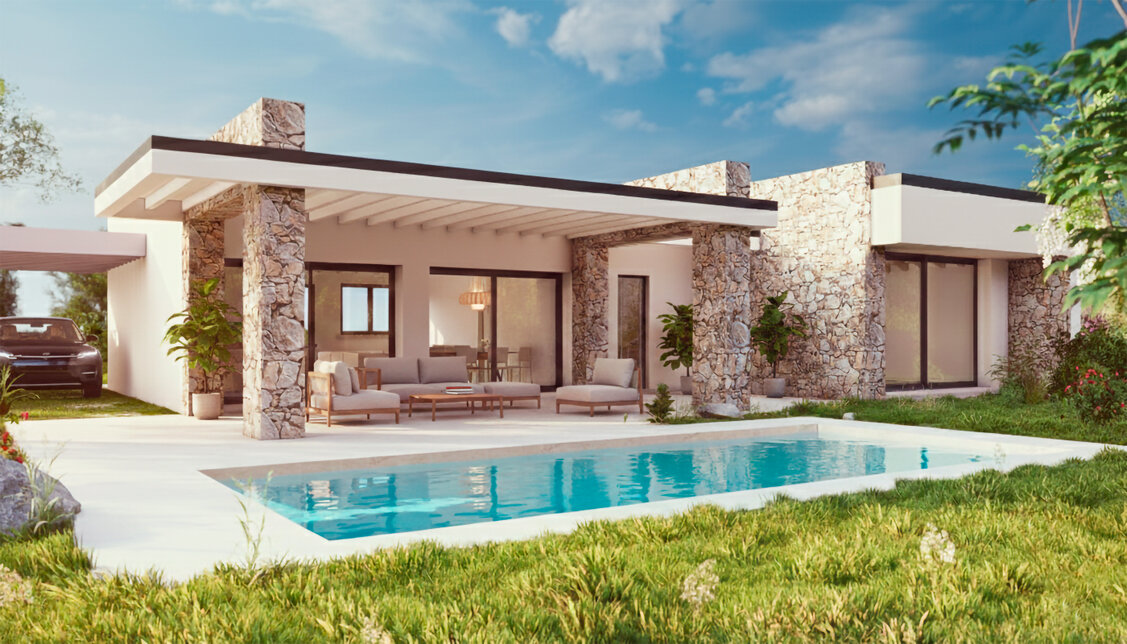 Render di soggiorno luminoso di una casa vacanze ristrutturata