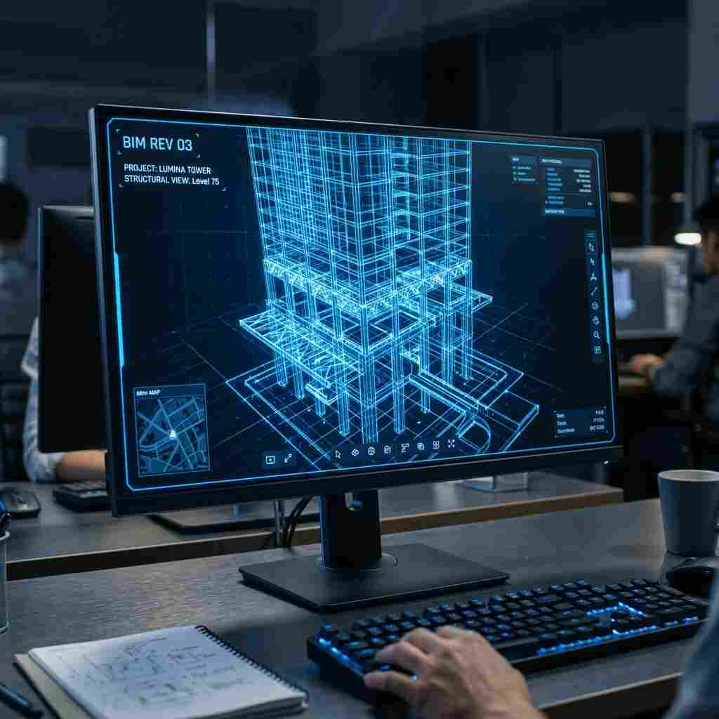 Modello tridimensionale BIM di un edificio su schermo