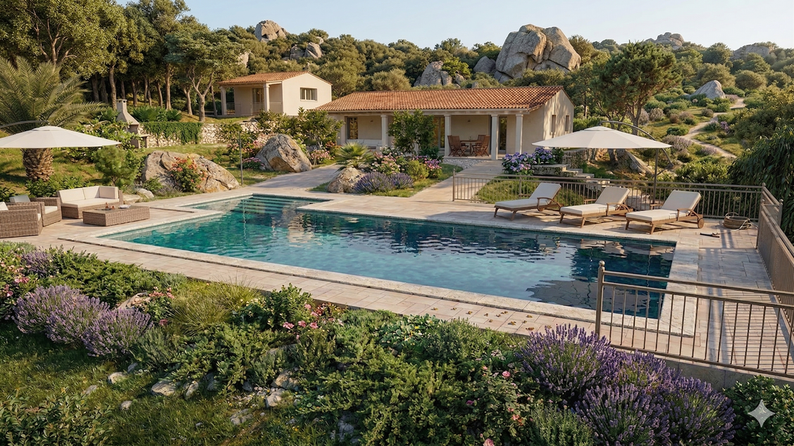 Render di soggiorno luminoso di una casa vacanze ristrutturata