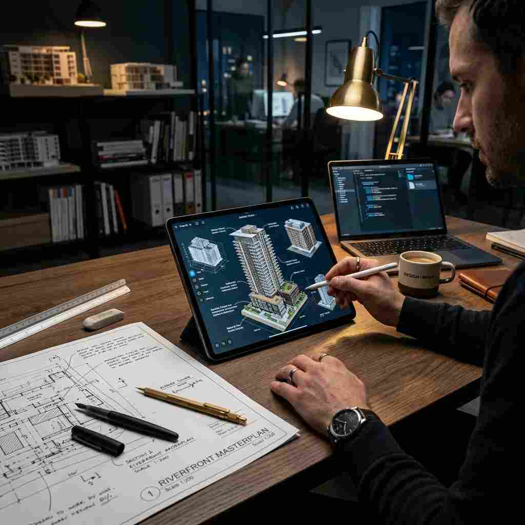 Documenti tecnici e normativa edilizia consultata su una scrivania