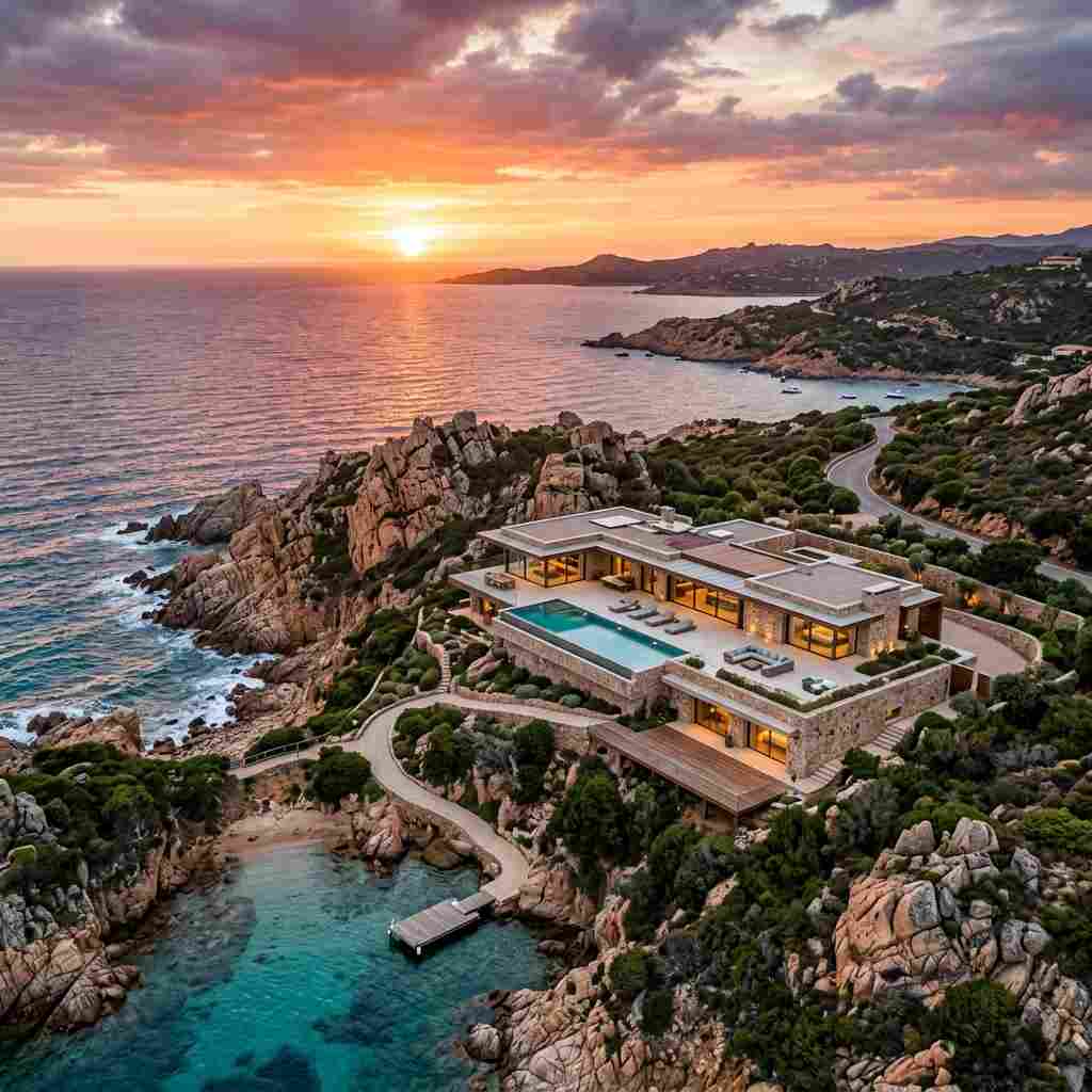 Paesaggio costiero della Sardegna con edifici residenziali