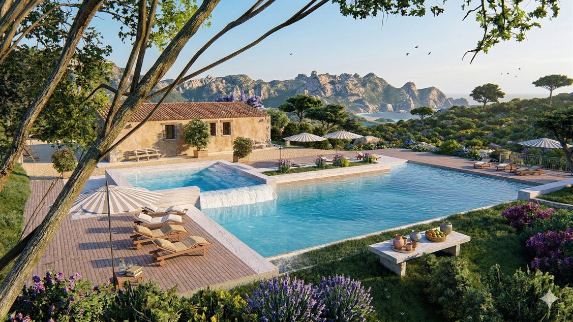 Render di soggiorno luminoso di una casa vacanze ristrutturata